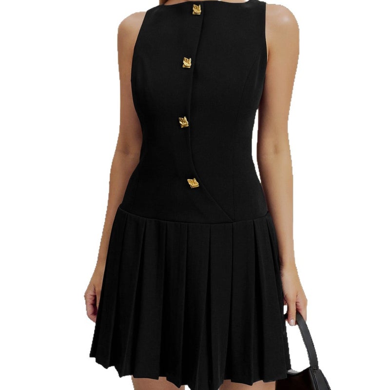 Women's Sleeveless Solid Color Ruffle Waist Short Dress - Image 5