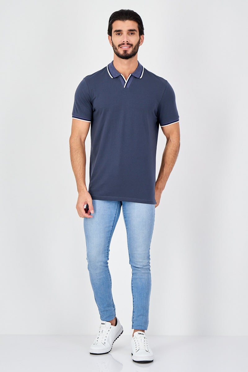 Report Collection Men Spread Collar Plain Short Sleeve Polo Shirt,  Slate Blue - Image 4