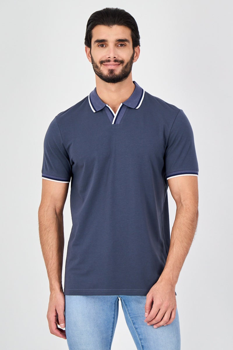 Report Collection Men Spread Collar Plain Short Sleeve Polo Shirt,  Slate Blue - Image 1