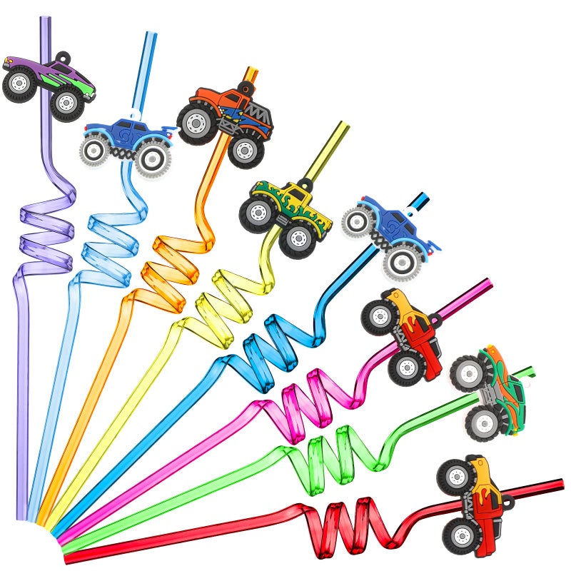 24 Pcs Truck Themed Straws 6 Styles Crazy Reusable Colorful Twisty Plastic Drinking Birthday Party Race Car Supplies Baby Shower Favors for Kids Boys