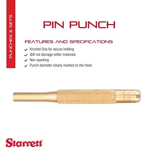 Starrett Brass Drive Pin Punch with Knurled Grip - Driving Pins and Rivets Into or Out of a Workpiece - Ideal for Both Professional and Industrial Applications - 5/16" Diameter, 4" Length - B565H - Image 2