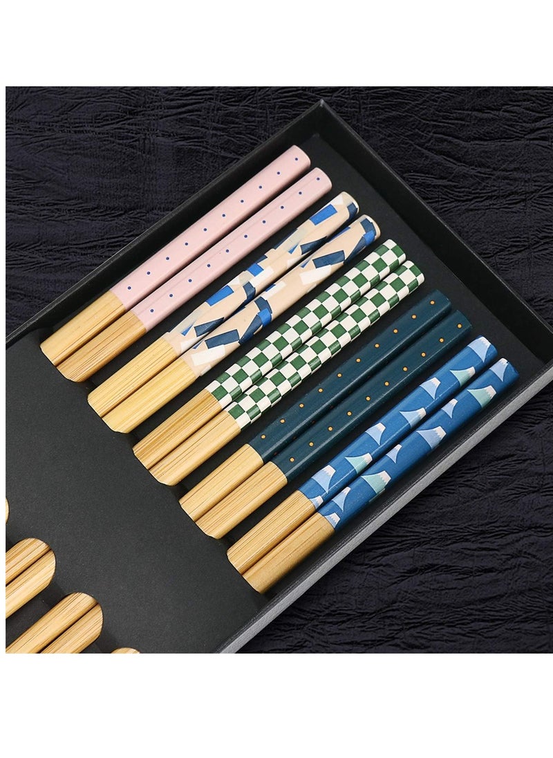 SYOSI Natural Bamboo Chopsticks 5 Pairs Reusable Chopstick with Unique Print for Sushi Rice Noodles Chinese Tableware Washable for Dishwasher 8.85 Inches Length  - Image 3