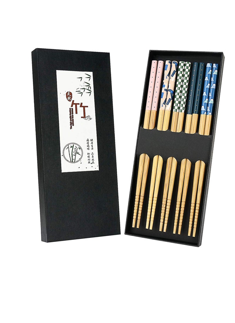 SYOSI Natural Bamboo Chopsticks 5 Pairs Reusable Chopstick with Unique Print for Sushi Rice Noodles Chinese Tableware Washable for Dishwasher 8.85 Inches Length  - Image 1