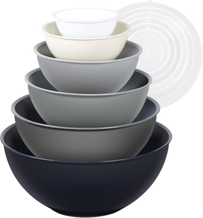 6PIECE PLASTIC MIXING BOWL SET WITH LIDS FOR KITCHEN NESTING STORAGE BOWLS FOR BAKING PREPPINGCOOKING AND SERVING FOOD DISHWASHER MICROWAVE SAFEGREAT FOR MIXING SERVINGGRAY