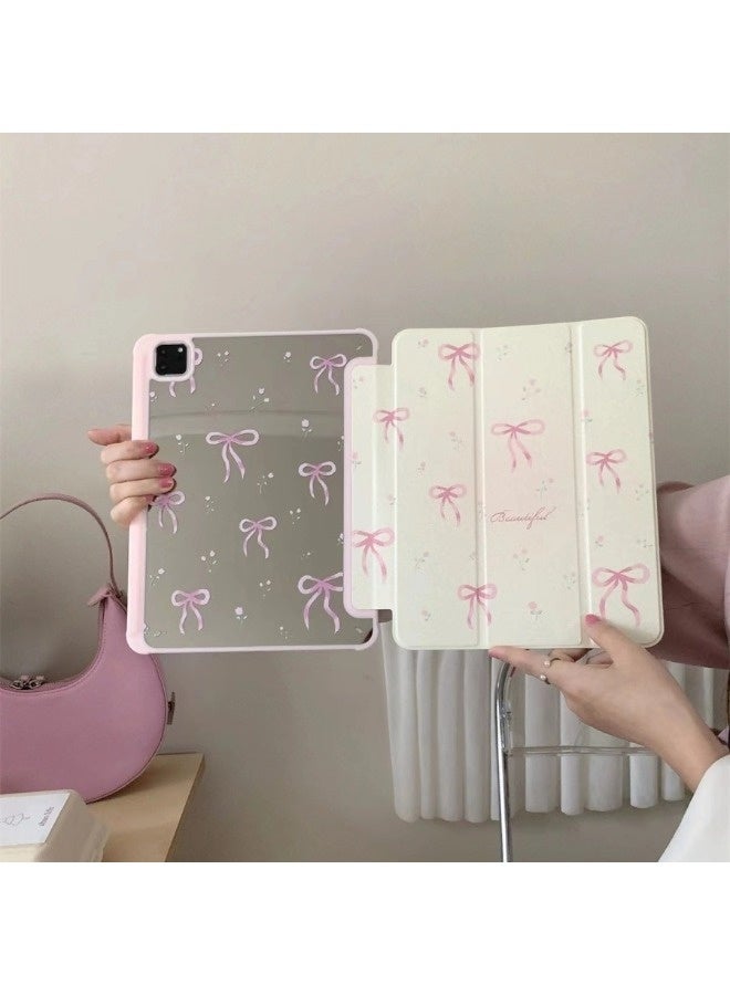 ShebSheb Adjustable Kickstand Mirror Leather Hard Folio Case for iPad Pro 4th/3rd/2nd/1st 11 Inch Cream White Color Pink Bow Ribbon Beautiful Floral Cute Chic Adorable Lovely Girls Kids  - Image 2