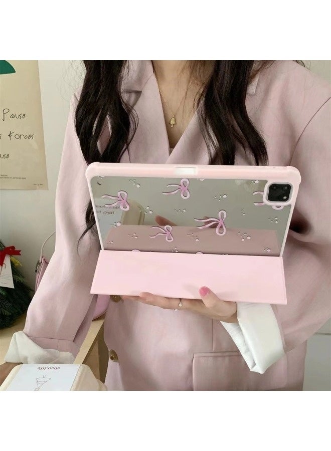ShebSheb Adjustable Kickstand Mirror Leather Hard Folio Case for iPad Pro 4th/3rd/2nd/1st 11 Inch Cream White Color Pink Bow Ribbon Beautiful Floral Cute Chic Adorable Lovely Girls Kids  - Image 3