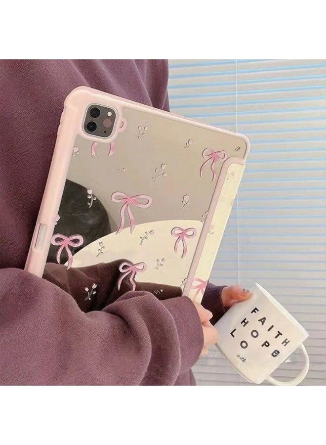 ShebSheb Adjustable Kickstand Mirror Leather Hard Folio Case for iPad Pro 4th/3rd/2nd/1st 11 Inch Cream White Color Pink Bow Ribbon Beautiful Floral Cute Chic Adorable Lovely Girls Kids  - Image 4
