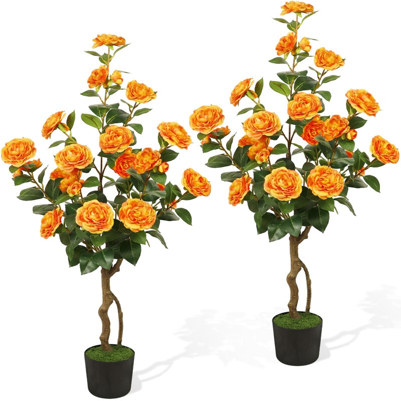 KAMIER Artificial Camellia Tree 2 Pack, 42'' Faux Camellia Plant in Pot with 24 Blooming Flowers, Fake Greenery Potted Plant for Indoor Outdoor Home Floor Office Porch Decor (White) - Image 1