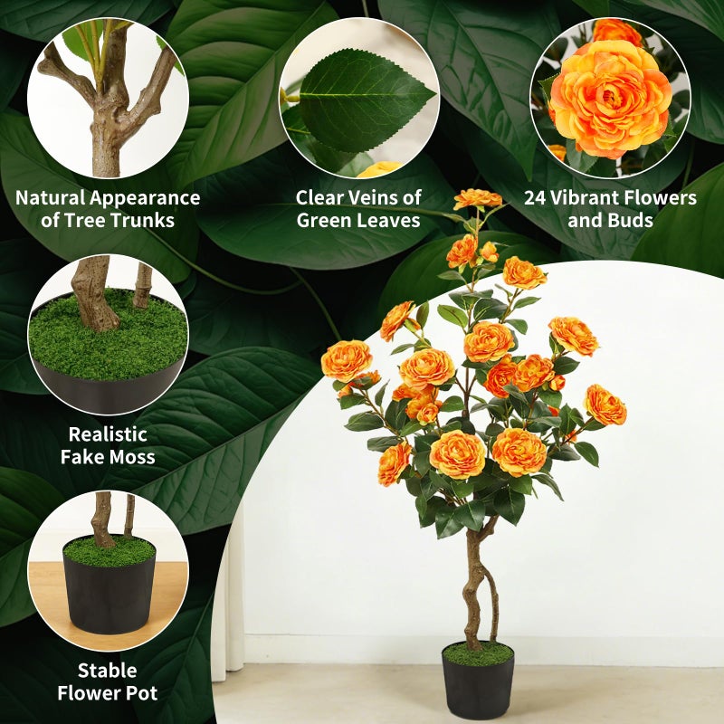 KAMIER Artificial Camellia Tree 2 Pack, 42'' Faux Camellia Plant in Pot with 24 Blooming Flowers, Fake Greenery Potted Plant for Indoor Outdoor Home Floor Office Porch Decor (White) - Image 2