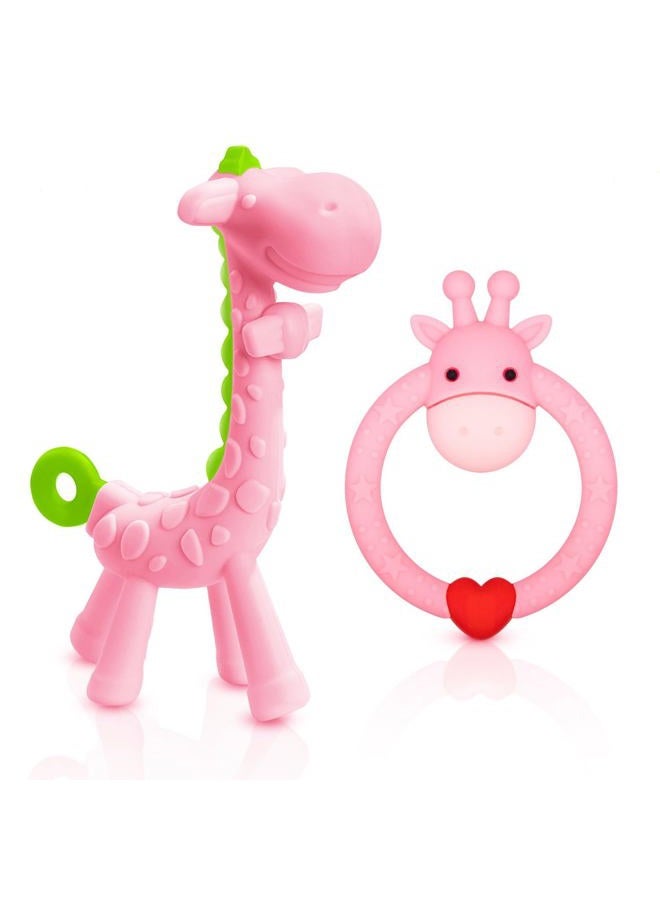 SHARE&CARE BPA Free Silicone Giraffe Baby Teether Toy with Storage Case, for 3 Months Above Infant Sore Gums Pain Relief and Baby Shower, Baby Teething Toys (Pink) - Image 1