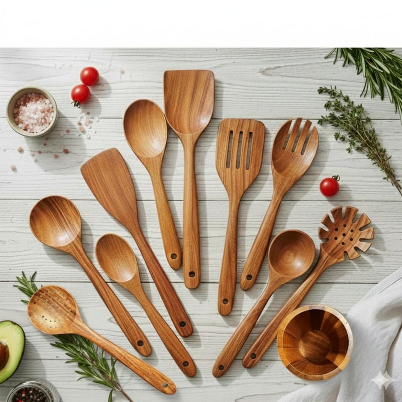 HomeHero Home Hero Wooden Utensil Set 11 Pcs â€“ Natural Teak Wooden Kitchen Utensils Set with Sturdy, Easy-to-Clean Wooden Spoons for Cooking â€“ Non-Scratch Teak Cooking Utensils (11 pcs) - Image 4