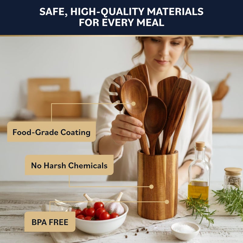 HomeHero Home Hero Wooden Utensil Set 11 Pcs â€“ Natural Teak Wooden Kitchen Utensils Set with Sturdy, Easy-to-Clean Wooden Spoons for Cooking â€“ Non-Scratch Teak Cooking Utensils (11 pcs) - Image 5