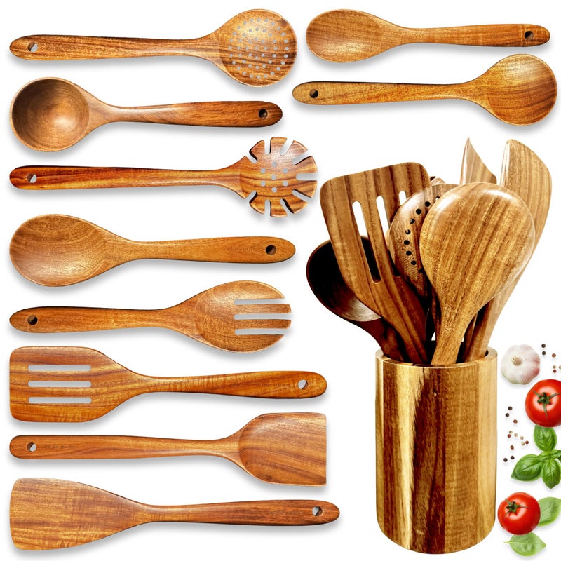 HomeHero Home Hero Wooden Utensil Set 11 Pcs â€“ Natural Teak Wooden Kitchen Utensils Set with Sturdy, Easy-to-Clean Wooden Spoons for Cooking â€“ Non-Scratch Teak Cooking Utensils (11 pcs) - Image 1