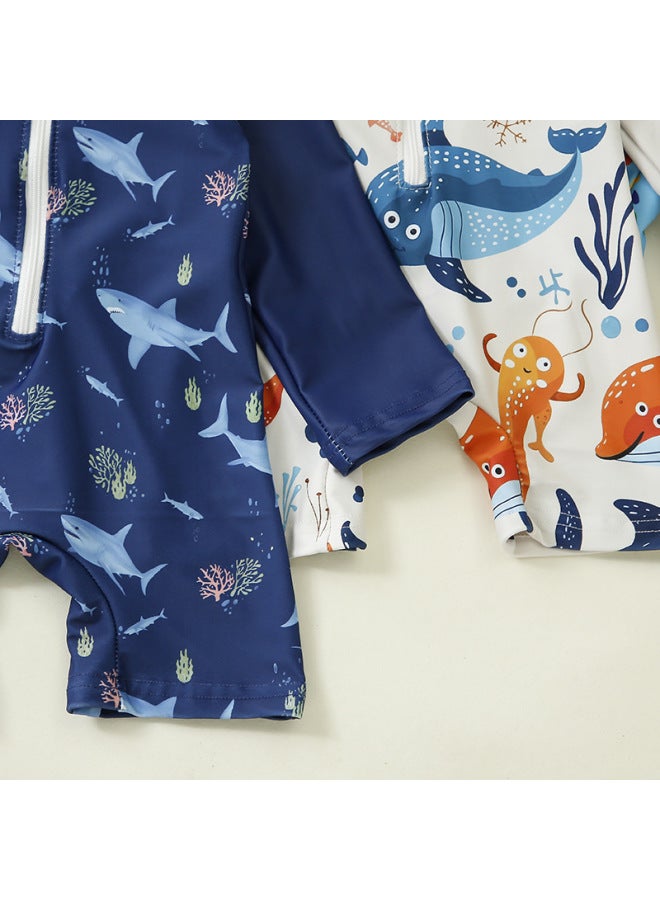 Generic Children's Clothing Boy's Full-print One-piece Swimsuit Boy's Baby's Half-open One-piece Swimsuit Children's Swimsuit Hat-Color:Dark Blue Shark-Size:100  - Image 5
