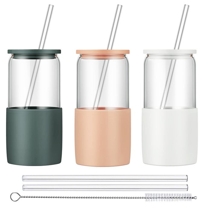 GLASS TUMBLER WITH STRAW AND LID 16OZ ICE COFFEE CUP SILICONE SLEEVE CLEANING BRUSHES DRINKING GLASSES FOR WATER ICED COFFEE SMOOTHIE BPA FREE 3 PACK