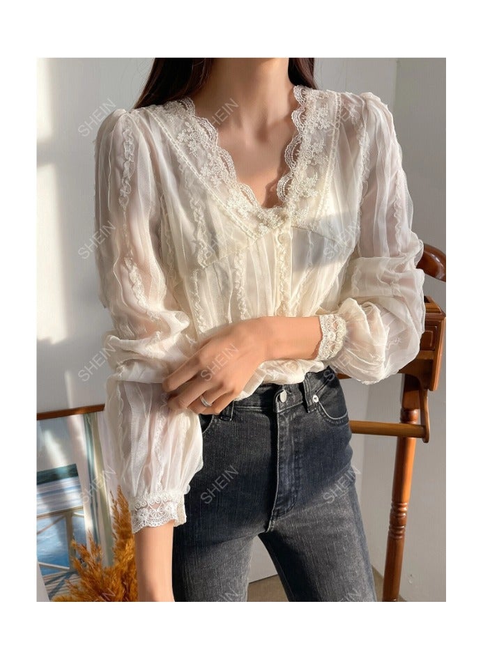 بونكا بلوزة مزينة بتطريزات تحتوي على أكمام منتفخة - Image 1