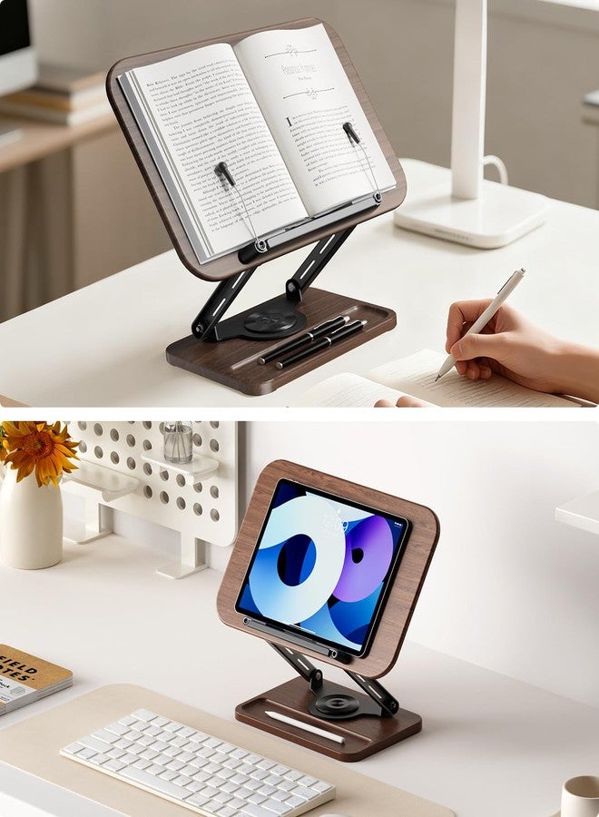 SupeDesk Adjustable Book Stand & Book Holder with 360° Rotation, Height Adjustable Reading Stand with Extendable Page Clips and Mini Storage - Premium Wooden Cookbook Holder for Thick Books, Study & Office - Image 2