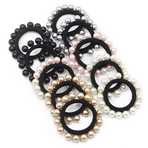 FAMEZA 10PCS Ties with Pearls, Elastic Ponytail Holders, Imitation Pearls Hair Accessories Band Wrap Around for Thick Heavy and Curly Hair, No Damage (Multi Colors) - Image 1