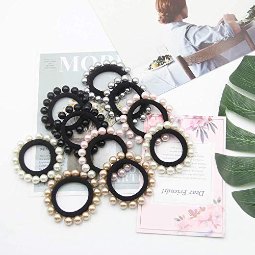 FAMEZA 10PCS Ties with Pearls, Elastic Ponytail Holders, Imitation Pearls Hair Accessories Band Wrap Around for Thick Heavy and Curly Hair, No Damage (Multi Colors) - Image 4