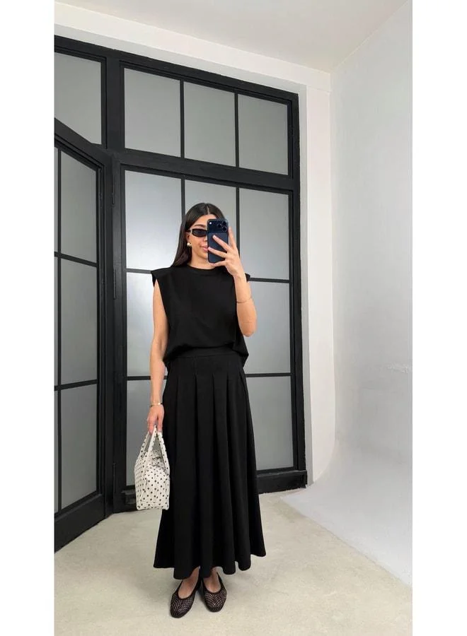 GAUS Black V-Neck Blouse with Pocket and Skirt Two-Piece Modal Set GAUS-01311.