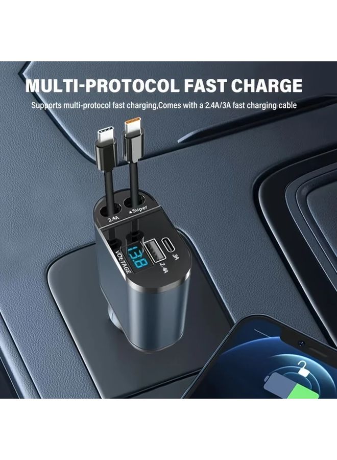Black 4 In 1 Retractable Car Charger With 2 USB C And 2 Ports 90 Degree Universal Plug - Image 5