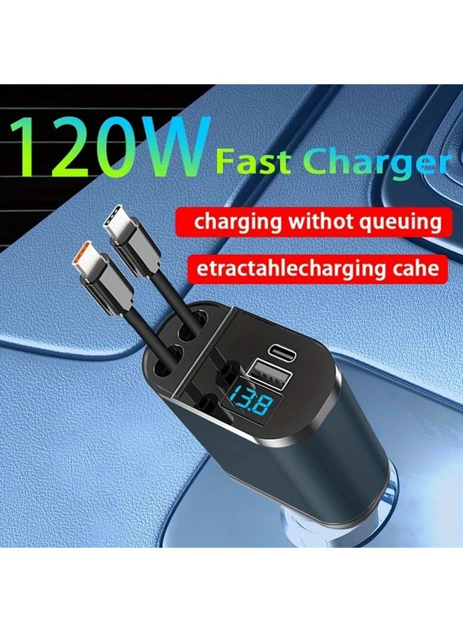 Black 4 In 1 Retractable Car Charger With 2 USB C And 2 Ports 90 Degree Universal Plug - Image 4