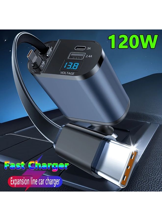 Black 4 In 1 Retractable Car Charger With 2 USB C And 2 Ports 90 Degree Universal Plug - Image 2