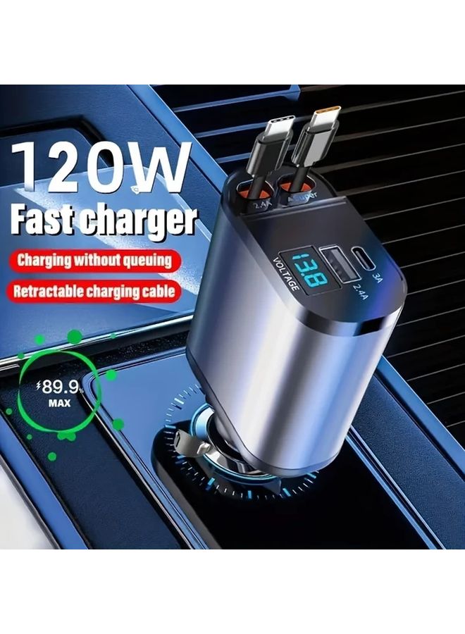 Black 4 In 1 Retractable Car Charger With 2 USB C And 2 Ports 90 Degree Universal Plug - Image 1