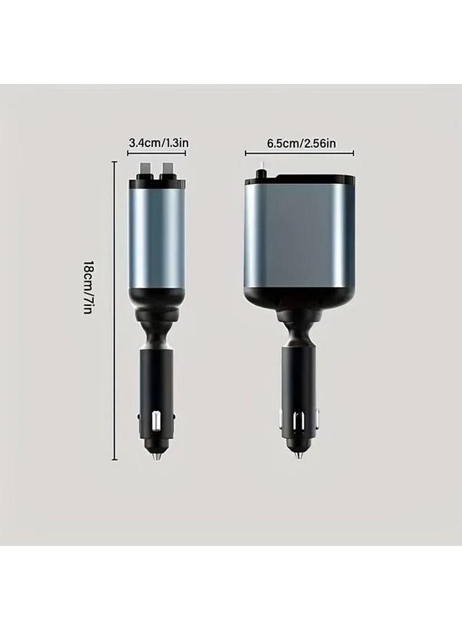 Black 4 In 1 Retractable Car Charger With 2 USB C And 2 Ports 90 Degree Universal Plug - Image 3