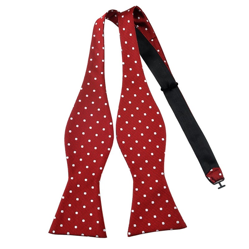 PenSee Mens Self Bow Tie Red and White Polka Dot Jacquard Woven Silk Bow Ties - Image 1