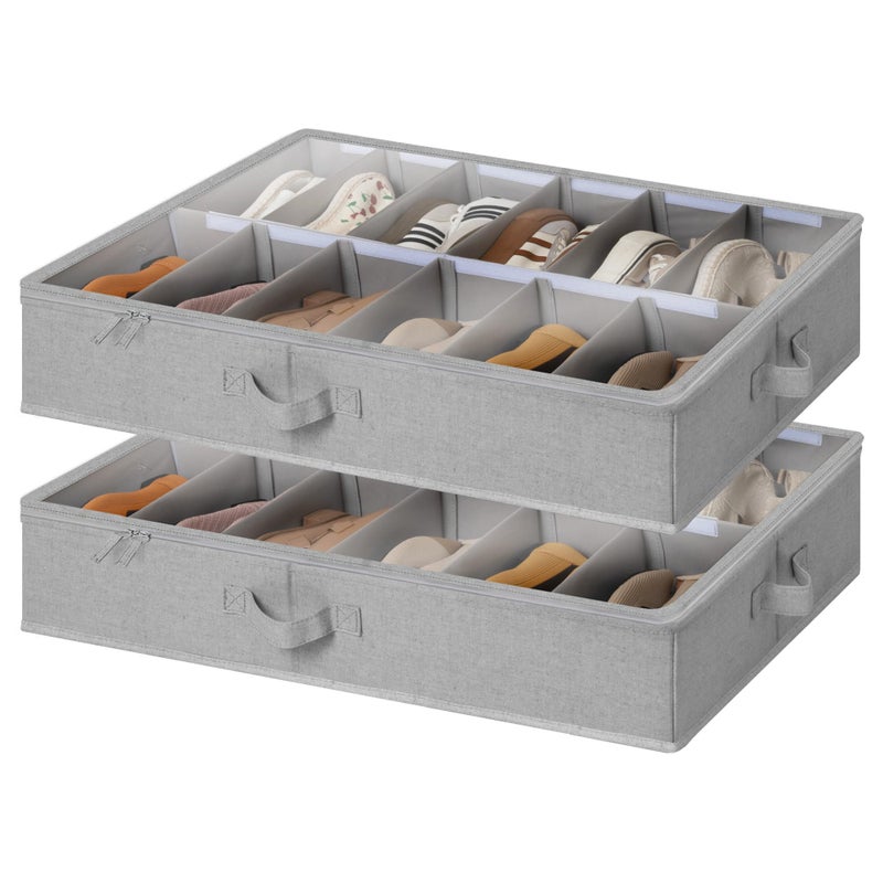 StorageWorks Shoe Organizer for Closet, Fits up to 24 Pairs, 2-Pack Ultra-thick Fabric Under Bed Shoe Storage Containers with Bottom Support and Adjustable Dividers, Grey - Image 1