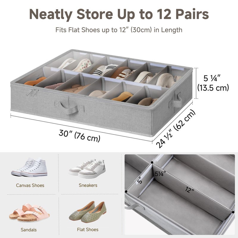StorageWorks Shoe Organizer for Closet, Fits up to 24 Pairs, 2-Pack Ultra-thick Fabric Under Bed Shoe Storage Containers with Bottom Support and Adjustable Dividers, Grey - Image 3