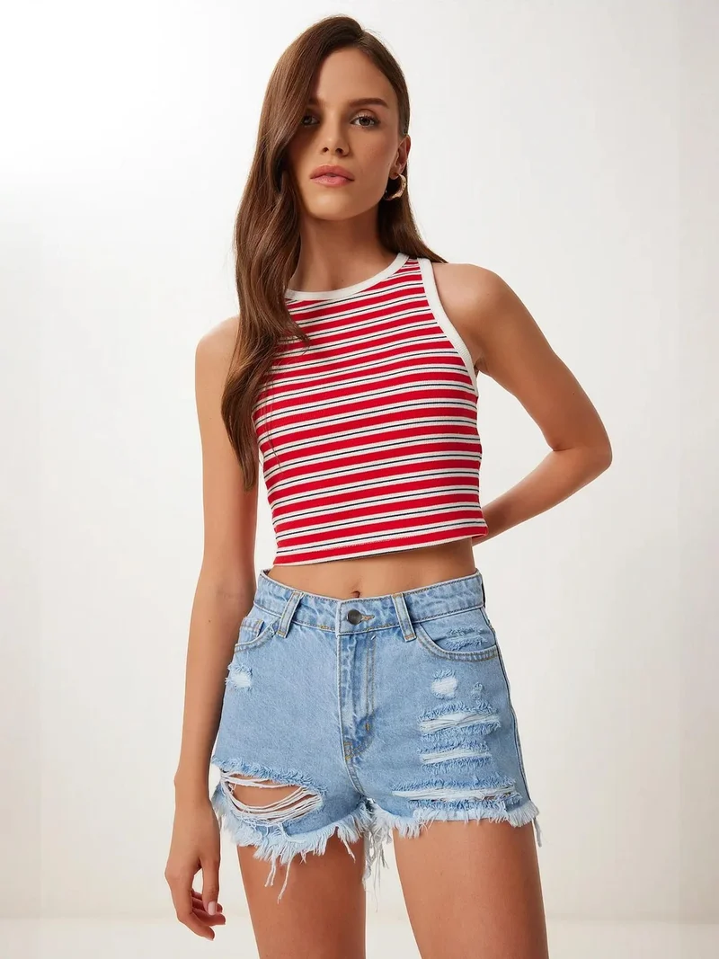Happiness İstanbul ISTANBUL High Waist Destroyed Denim Shorts
