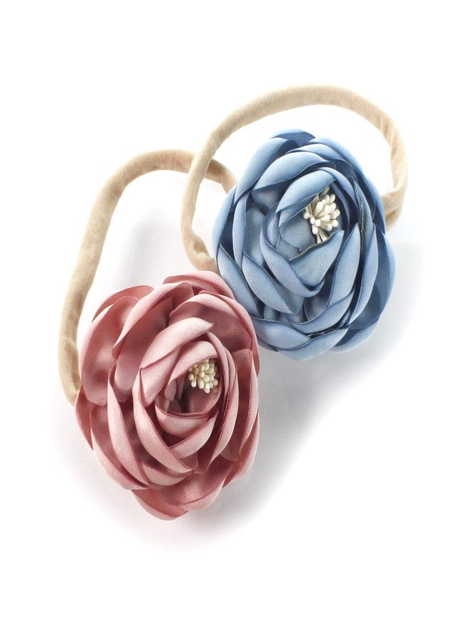 My Lello Baby Girl Ranunculus Flower Stretchy Nylon Elastic Headbands Set 2pcs - Small - Dusty Rose/Dusty Blue - Image 1