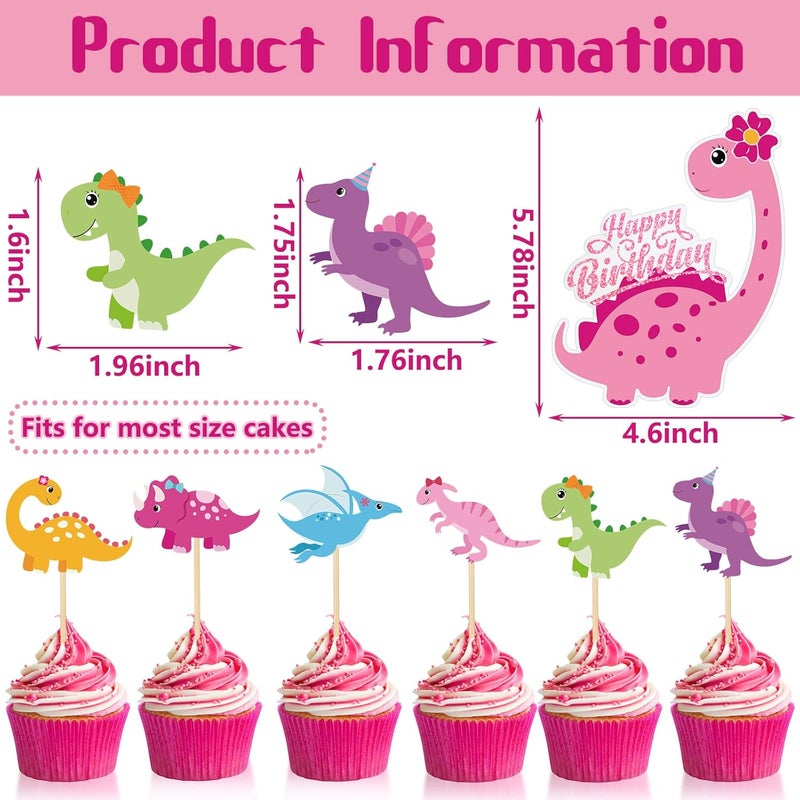 Containlol 37 Pieces Pink Dinosaur Cake Toppers for Girls Dinosaur Cupcake Toppers Girls Birthday Party Decorations Colorful Cake Decorations for Kids Birthday Girl Baby Shower Party Supplies - Image 2