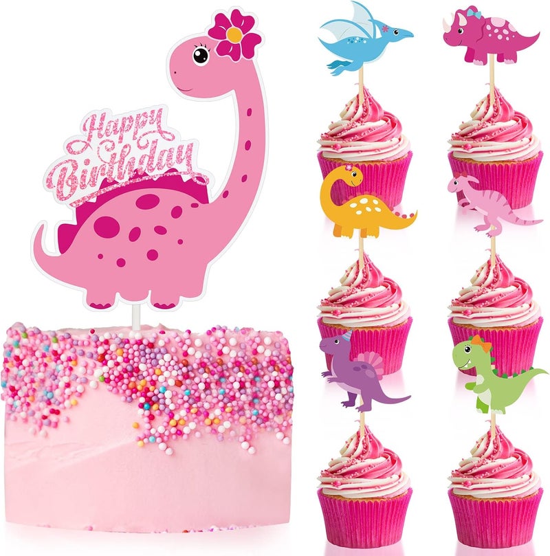 Containlol 37 Pieces Pink Dinosaur Cake Toppers for Girls Dinosaur Cupcake Toppers Girls Birthday Party Decorations Colorful Cake Decorations for Kids Birthday Girl Baby Shower Party Supplies - Image 1
