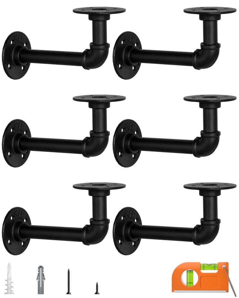 LuckIn Pipe Shelf Brackets for DIY 8 10 12 14 Inch Floating Shelves Industrial Iron Pipe Bracket Heavy Duty Metal Shelving Brackets Black 6Pack