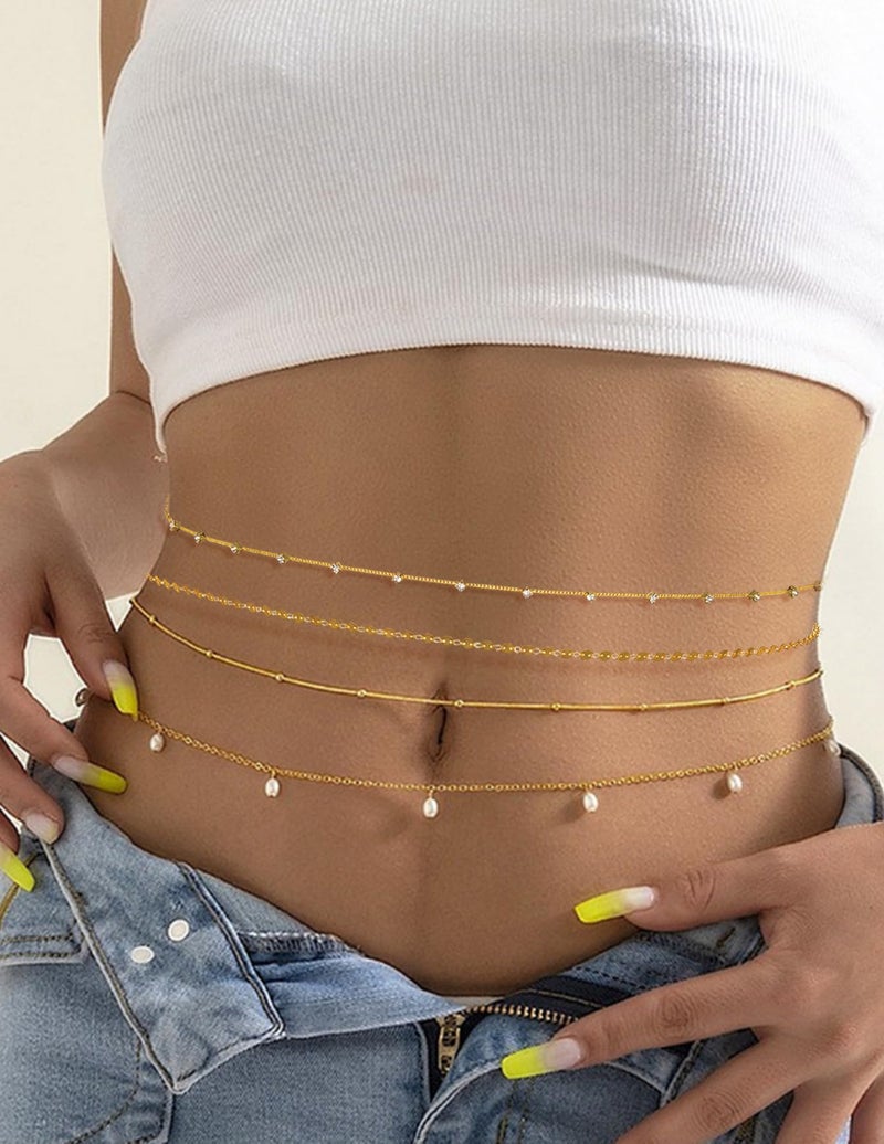 Tornito 8Pcs Waist Belly Chain 18K Gold Plated CZ Pearl Bead Belly Chain Summer Beach Sexy Body Chains Jewelry Accessories for Women Adjustable - Image 4