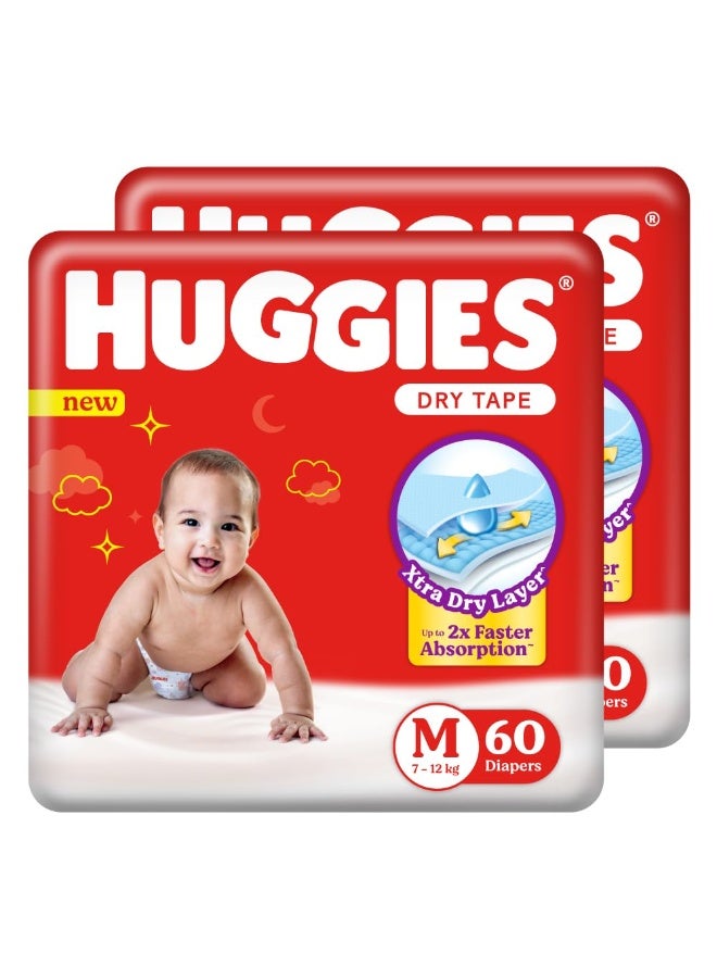 Huggies Complete Comfort Dry Tape Medium (M) Size Baby Tape Diapers, 120 count with 5 in 1 Comfort (60 Count, Pack of 2)