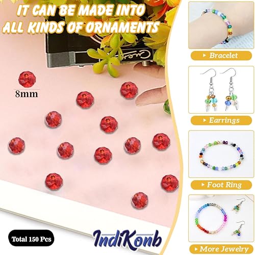 INDIKONB 8mm Glass Crystal Beads for Bracelets & Jewellery Making | Tyre Rondelle Transparent Beads for DIY Craft & Accessories (Red) - Image 2