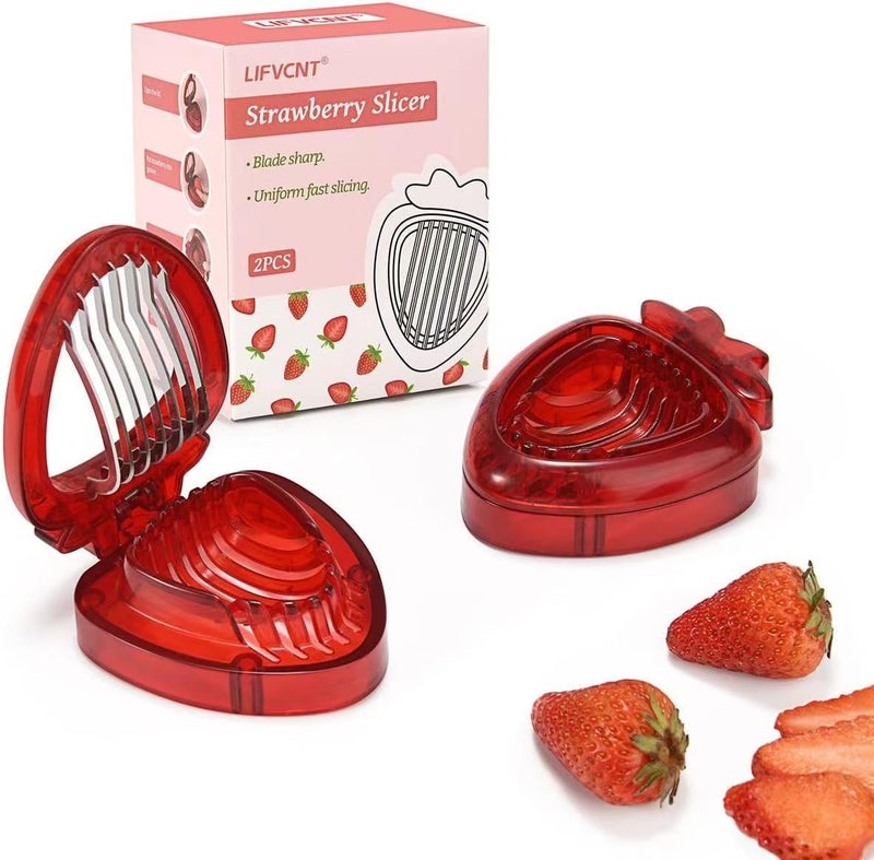 LIFVCNT 2PCS Strawberry Slicer, Fruit Cutter, DIY Kids Fruit Egg Slicer Kitchen Gadgets, Veggie Strawberry Slicer Tool with Stainless Steel Blade for Dessert and Cake Decorations - Image 1