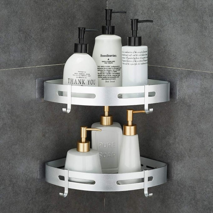 CORNER CADDY BATHROOM SHOWER SHELF WALL MOUNTED NO DRILLING 2 TIER STORAGE SHELVES ADHESIVE TRIANGLE BASKETS SILVER BATHROOM KITCHEN STORAGE BASKET