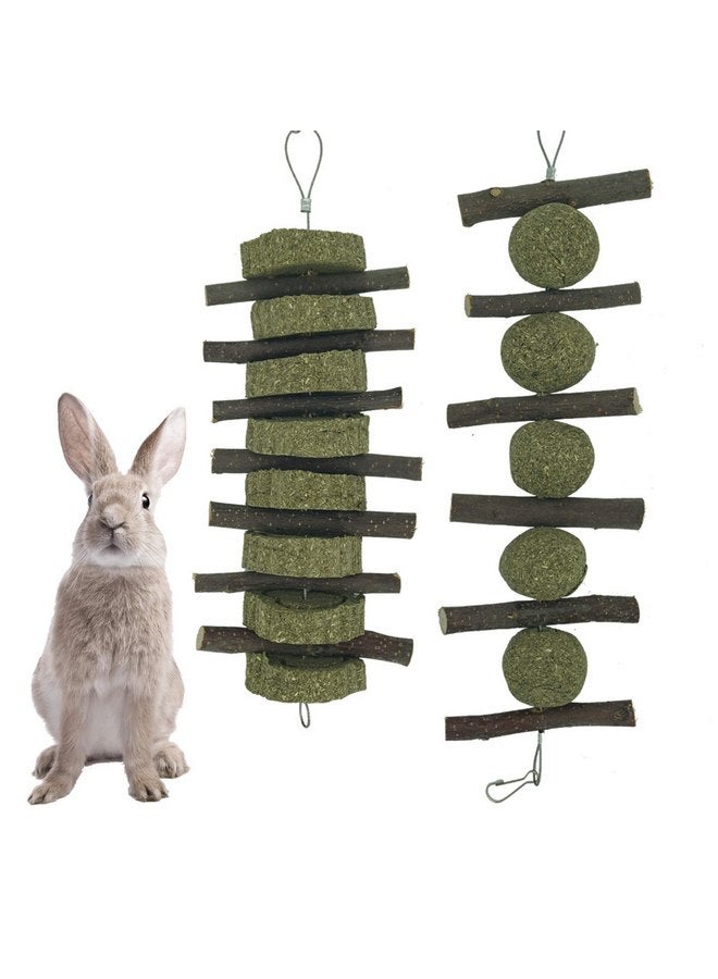 مكافآت الأرانب الطبيعية: أغصان من نبات البلوط مع كرات من عشب تيموثي وكعكة عشبية وألعاب مضغ معلقة للهامستر والأرانب والشنشيلة وخنازير غينيا - Image 1