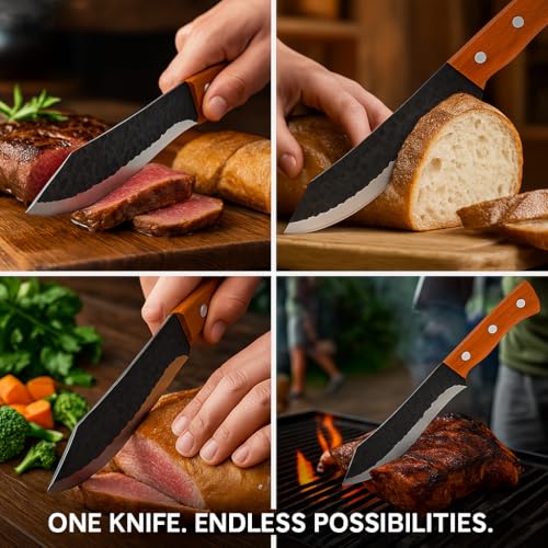 Machado Heavy Duty Cleaver Knife | Forged Stainless Steel Butcher Knife with Wooden Handle | Hammered Blade for Meat Cutting, Chopping & Outdoor BBQ | Professional Chef & Home Use - Image 4