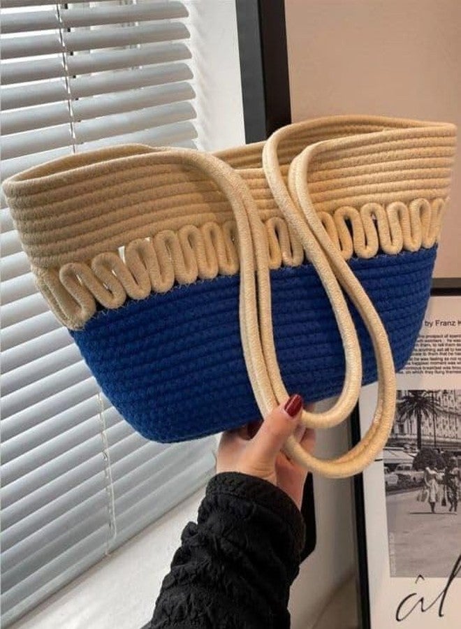 GHATIN Attractive Hand Bag | Summer Bag | Bucket Bag | Basket Bag | Bamboo Tote | Beach Bags for Women | Boho Bag | Kauna Bag | Handbag | Jute Bag | Handmade Bag (BEIGE BLUE SP) - Image 3