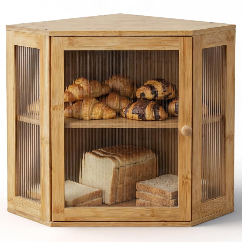 TIRYIUOU Corner Bread Box for Kitchen Countertop: Bamboo Storage Container for Homemade Bread, Two Layer Breadbox under Cabinet Mount, Large Bread Holder for Kitchen Counter, Pantry Shelf - Image 1