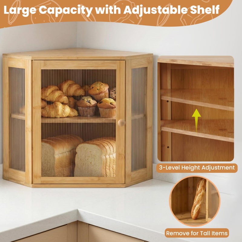 TIRYIUOU Corner Bread Box for Kitchen Countertop: Bamboo Storage Container for Homemade Bread, Two Layer Breadbox under Cabinet Mount, Large Bread Holder for Kitchen Counter, Pantry Shelf - Image 3