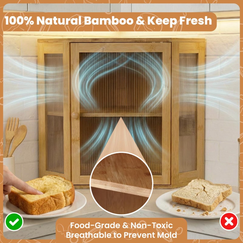 TIRYIUOU Corner Bread Box for Kitchen Countertop: Bamboo Storage Container for Homemade Bread, Two Layer Breadbox under Cabinet Mount, Large Bread Holder for Kitchen Counter, Pantry Shelf - Image 4