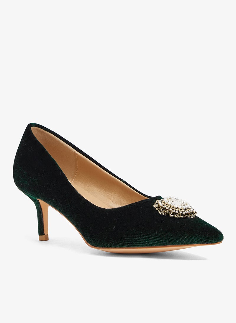 Khizana Dark green velvet pump with crystal brooch, low heel, pointed toe - Image 2
