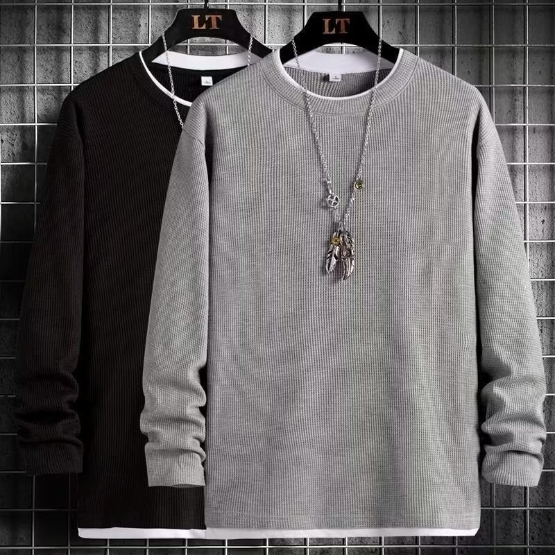Long Sleeve Waffle Knit Tee Layered Casual Mens Sweatshirt Khaki - Image 2